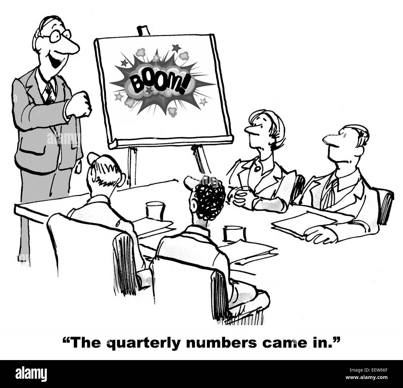 Cartoon of business leader telling team they exceeded the quarterly forecast, BOOM! Stock Photo