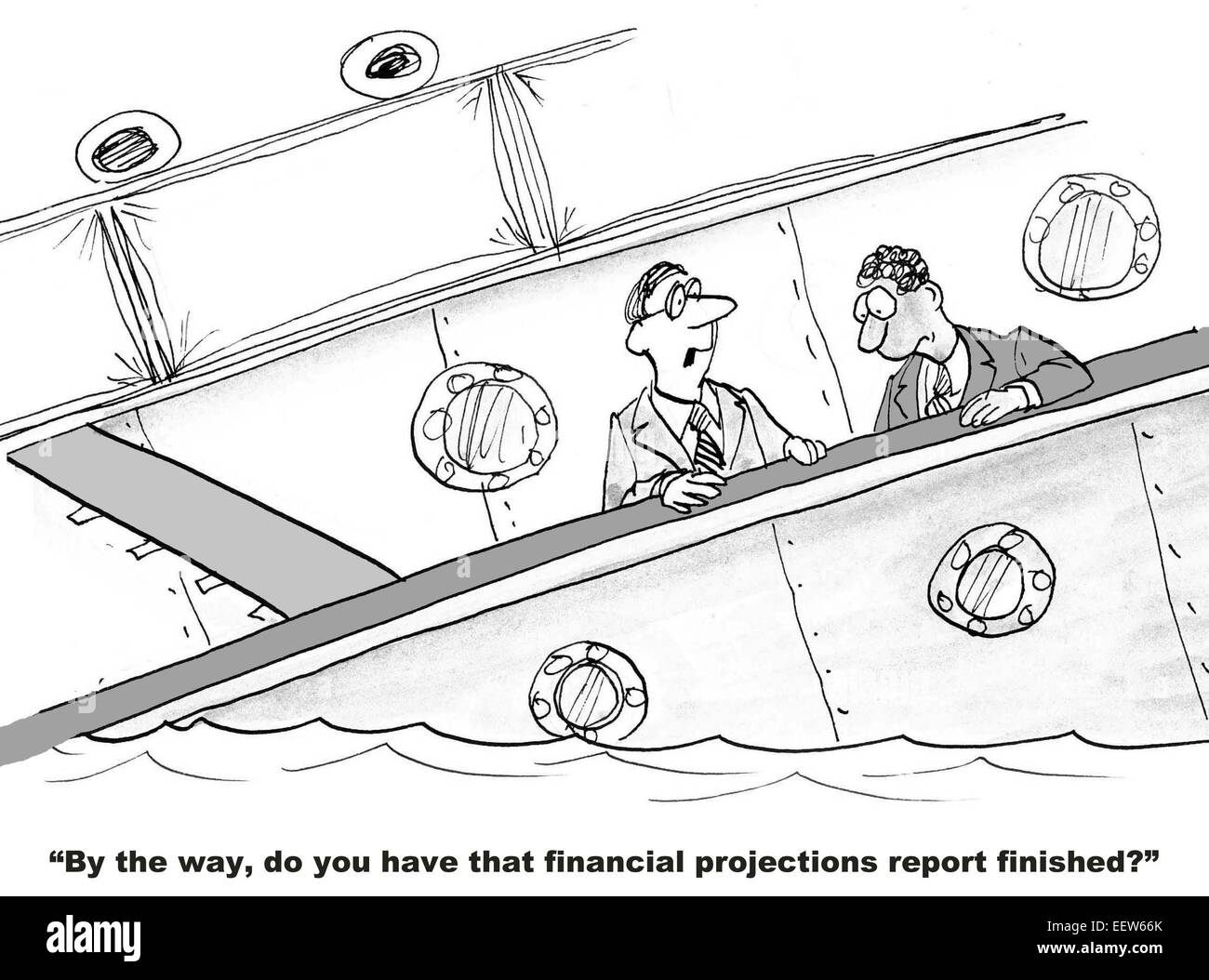 Cartoon of two businessmen and one refuses to see reality, asking 'do you have that financial projections report finished'. Stock Photo