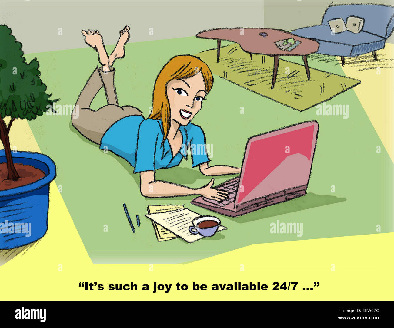 Cartoon of a businesswoman working at home on the weekend and thinking sarcastically what a joy it is to be available 24/7. Stock Photo