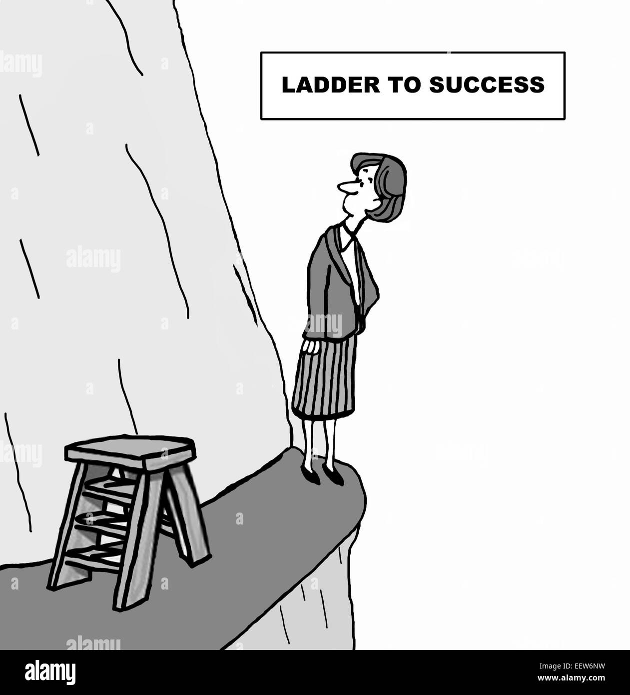 Cartoon showing a businesswoman on a cliff looking up with the sign 'ladder to success'. Stock Photo