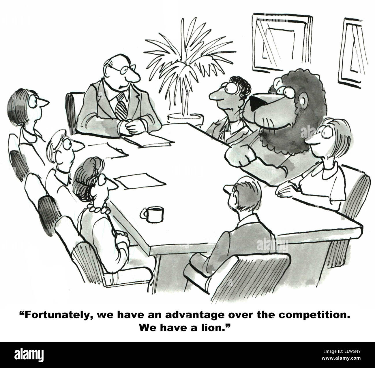 Cartoon of a business meeting and the leader is saying they have a competitive advantage, they have a lion. Stock Photo