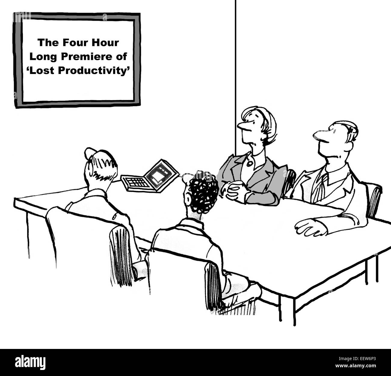 Cartoon showing business people in a meeting with sign that says: the four hour long premier of 'lost productivity'. Stock Photo