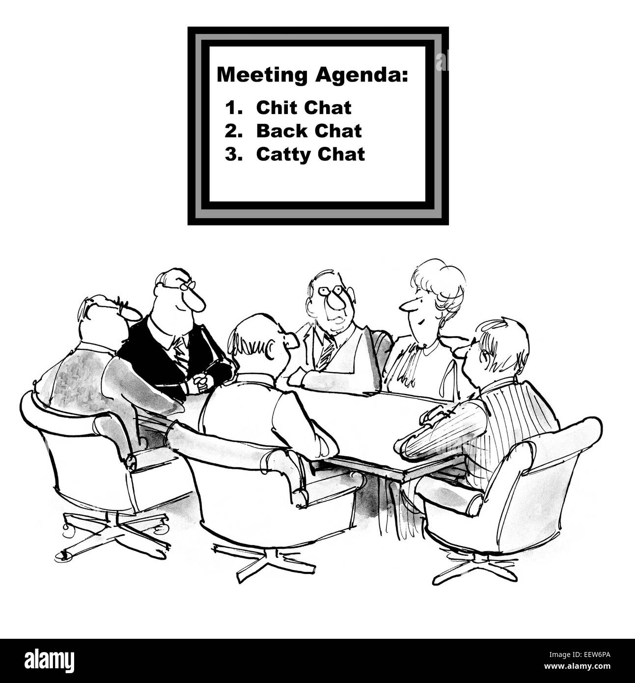 Cartoon of business people preparing for a business meeting where the agenda is to 'chat'. Stock Photo