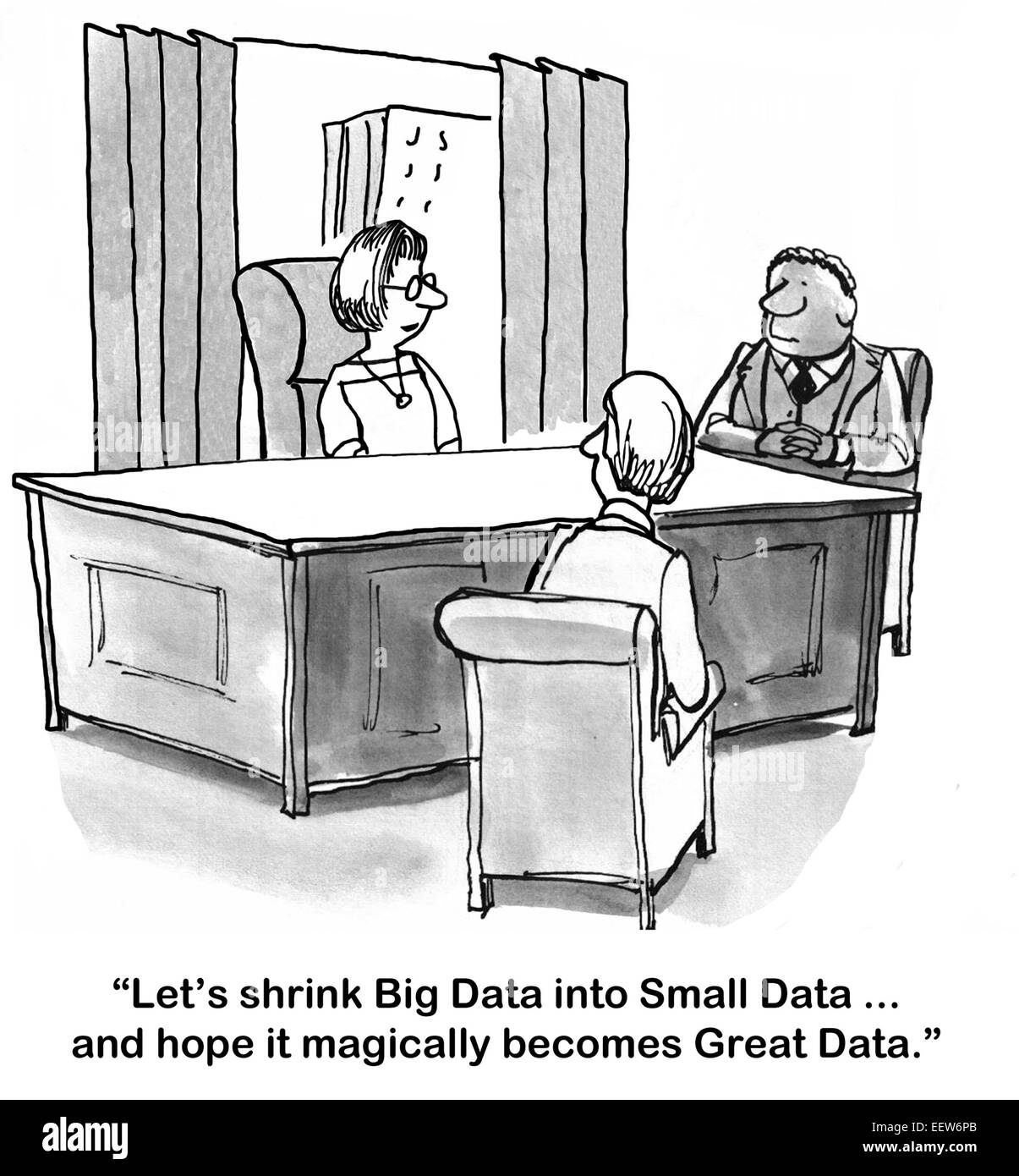 Cartoon of business people talking about big data and the need to shrink it to small data so it becomes great data. Stock Photo