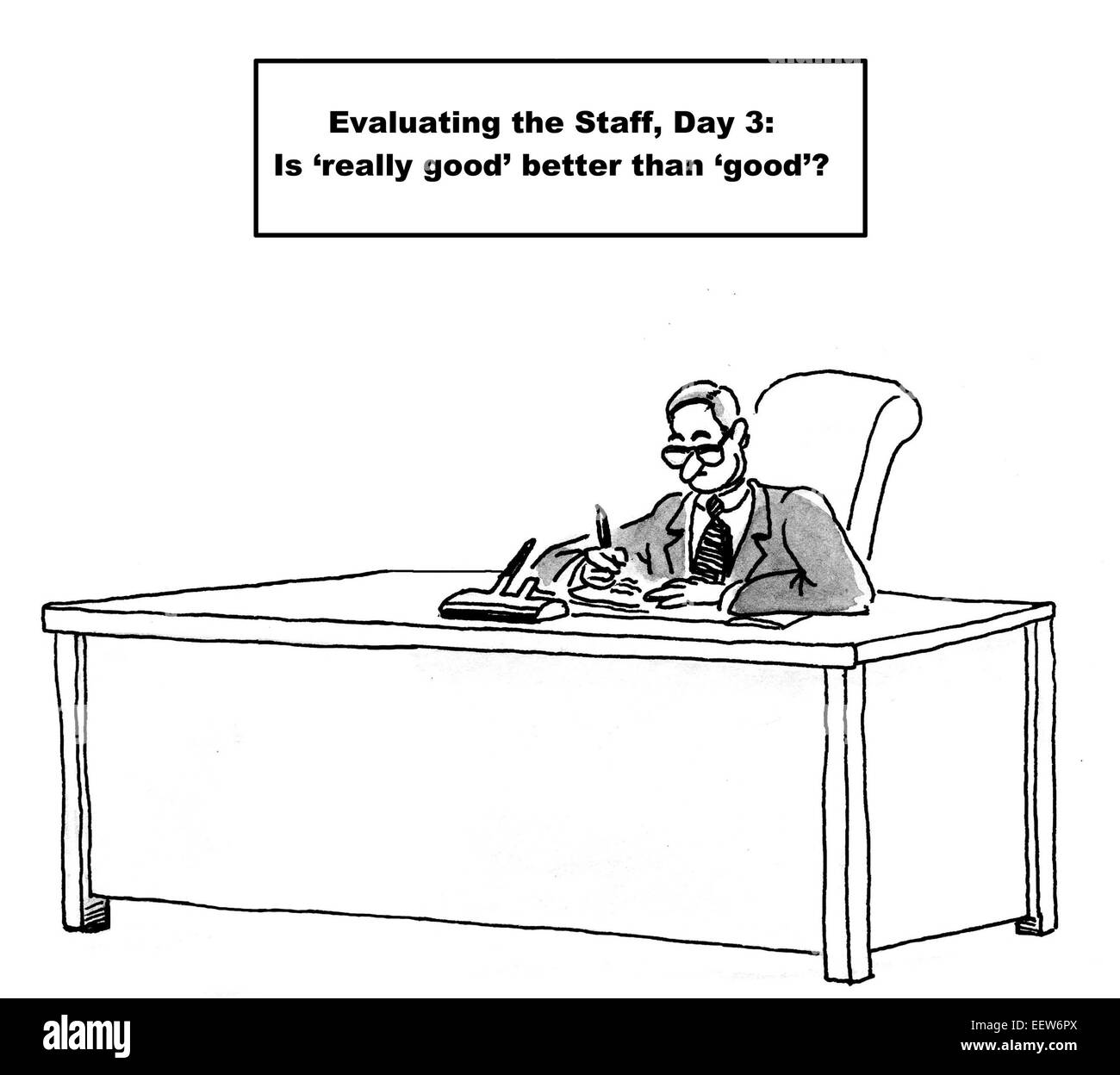 Cartoon of a businessman at his office desk and choosing positive words to evaluate his staff. Stock Photo