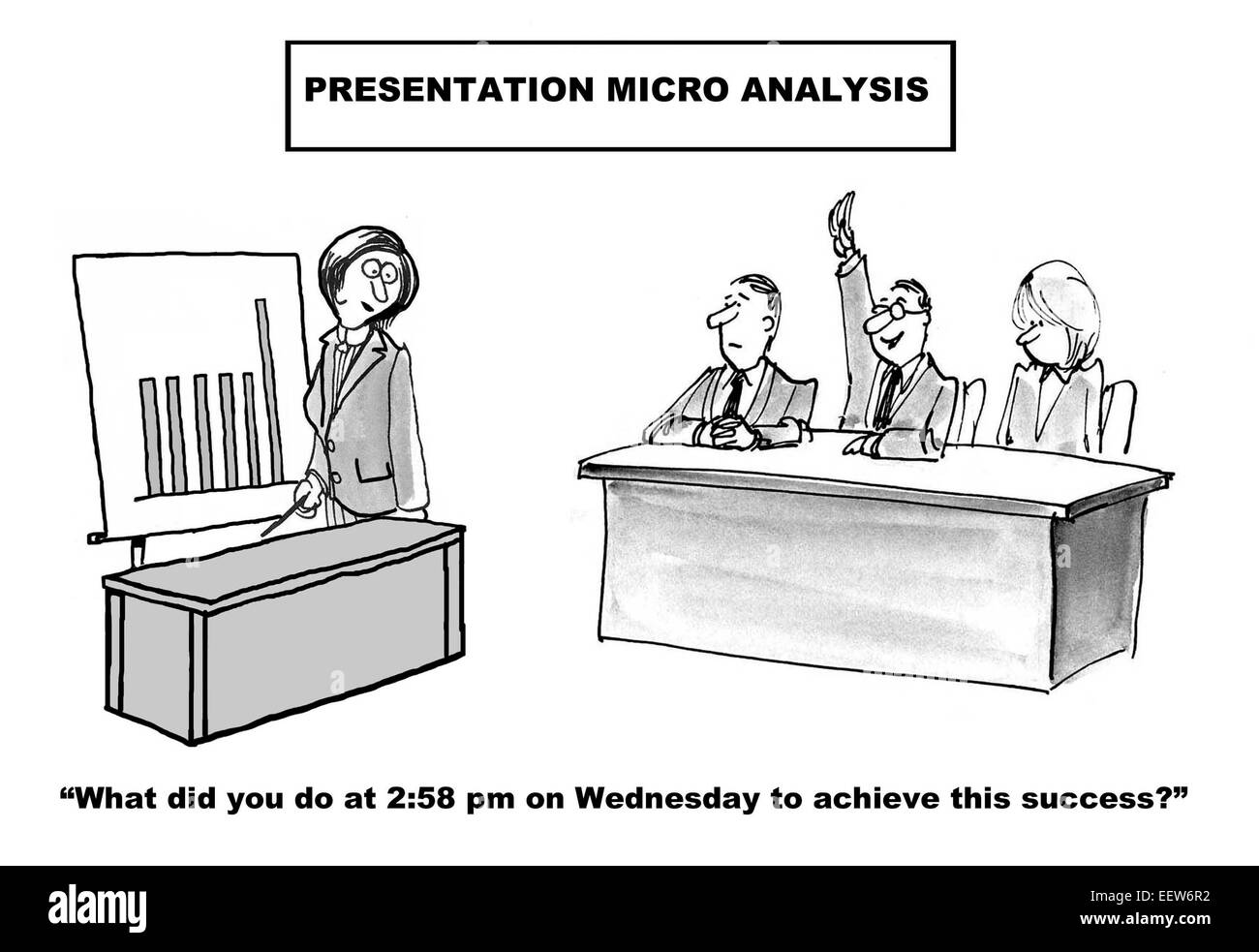 Cartoon of businesswoman presenting successful business results and being asked micro analysis questions. Stock Photo