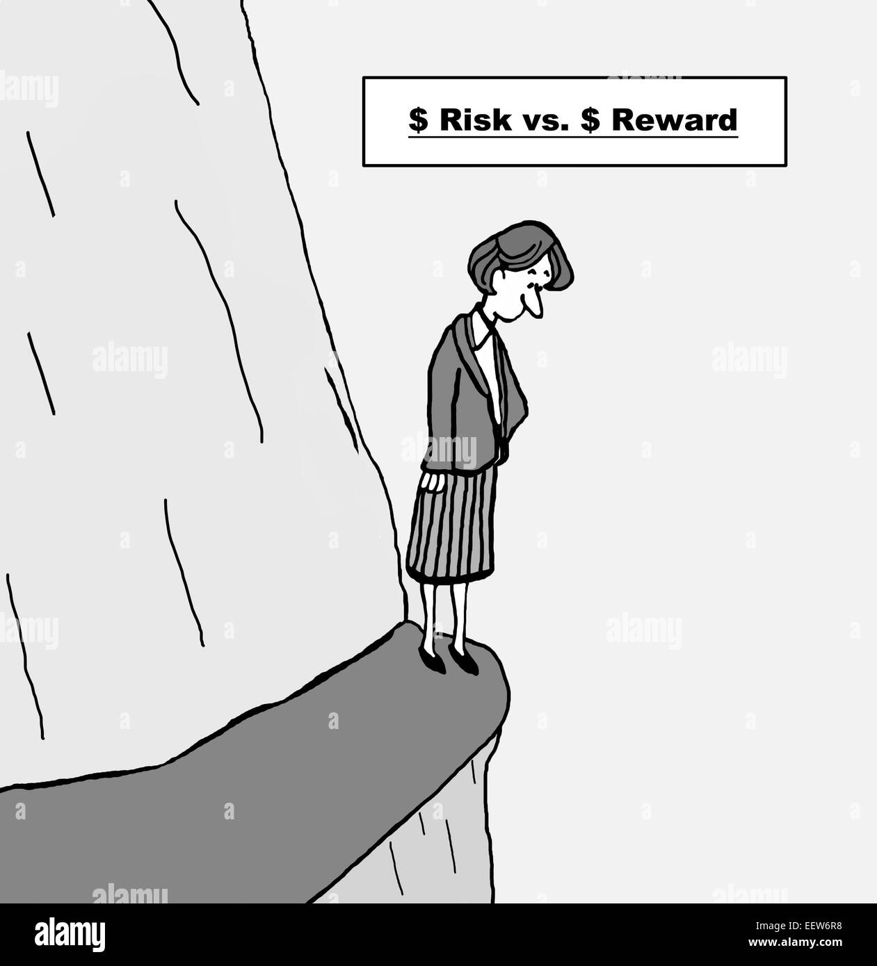 Cartoon of businesswoman evaluating the dollar risk versus dollar reward of a new business opportunity. Stock Photo