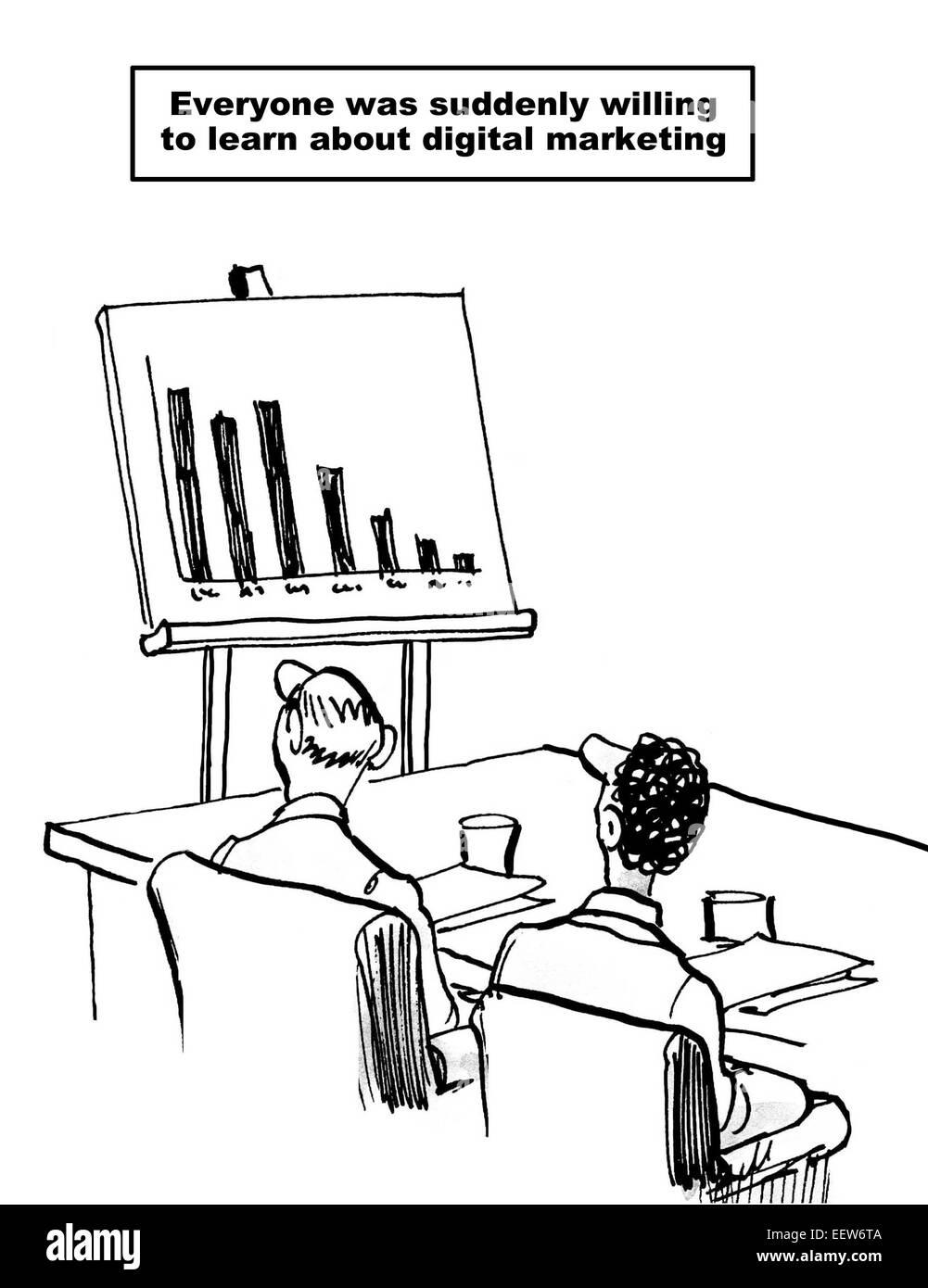 Cartoon of a business meeting and chart showing declining sales and states 'everyone was suddenly... learn digital media'. Stock Photo
