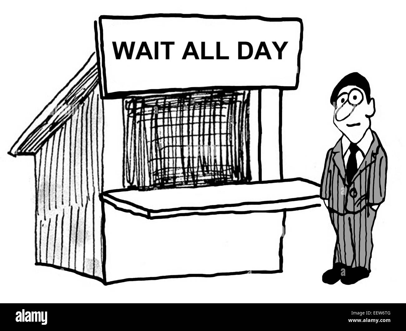 Cartoon showing businessman with the sign 'wait all day'. Stock Photo