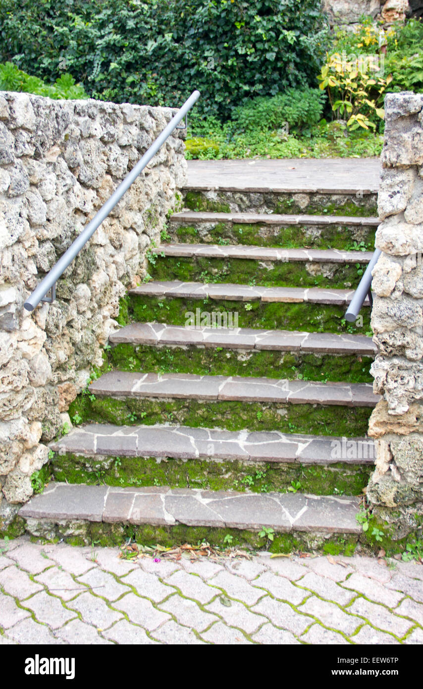 Rustic stone staircase with moss close up view Stock Photo
