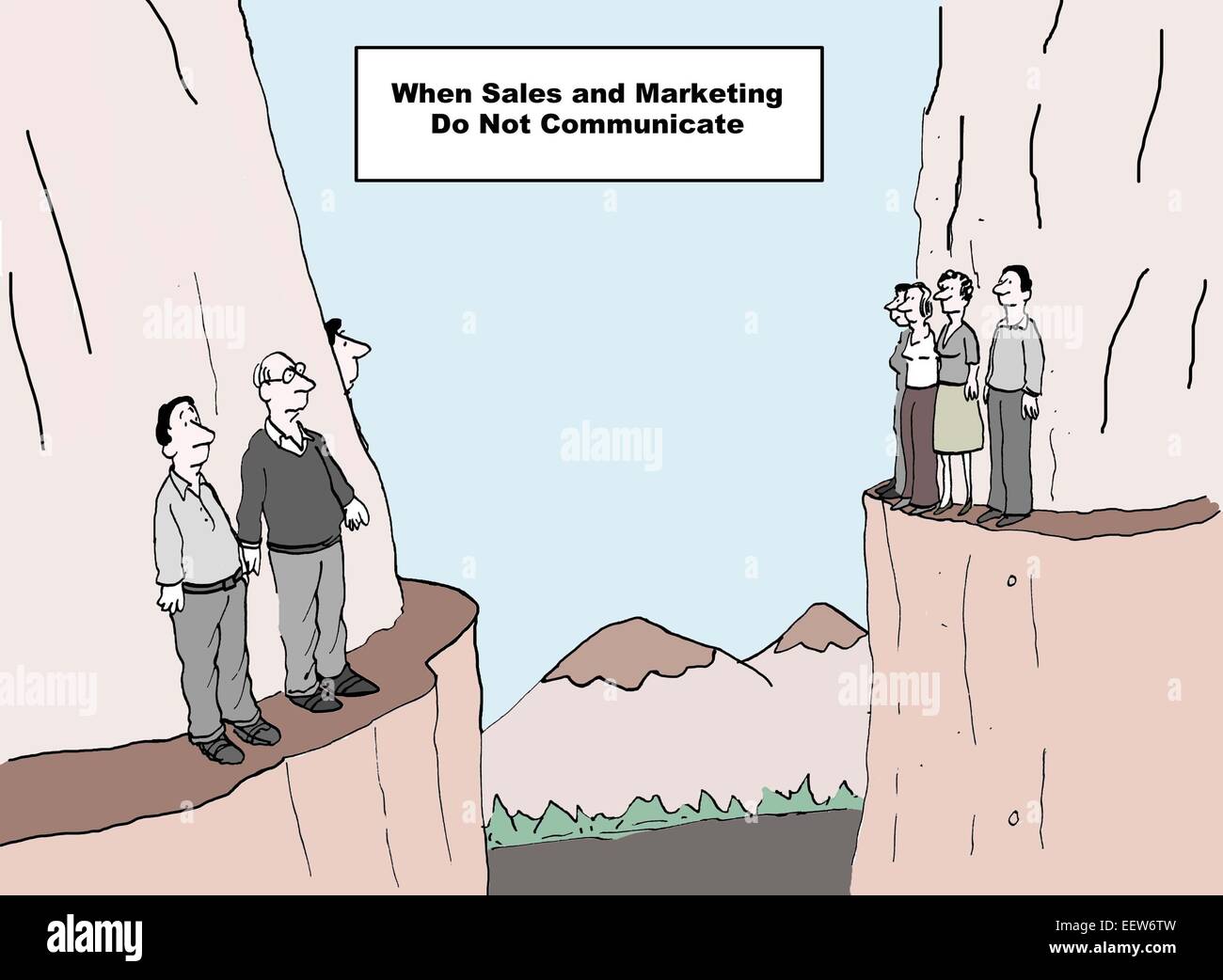 Cartoon showing two groups of business people on opposing cliffs and stating when sales and marketing do not communicate. Stock Photo
