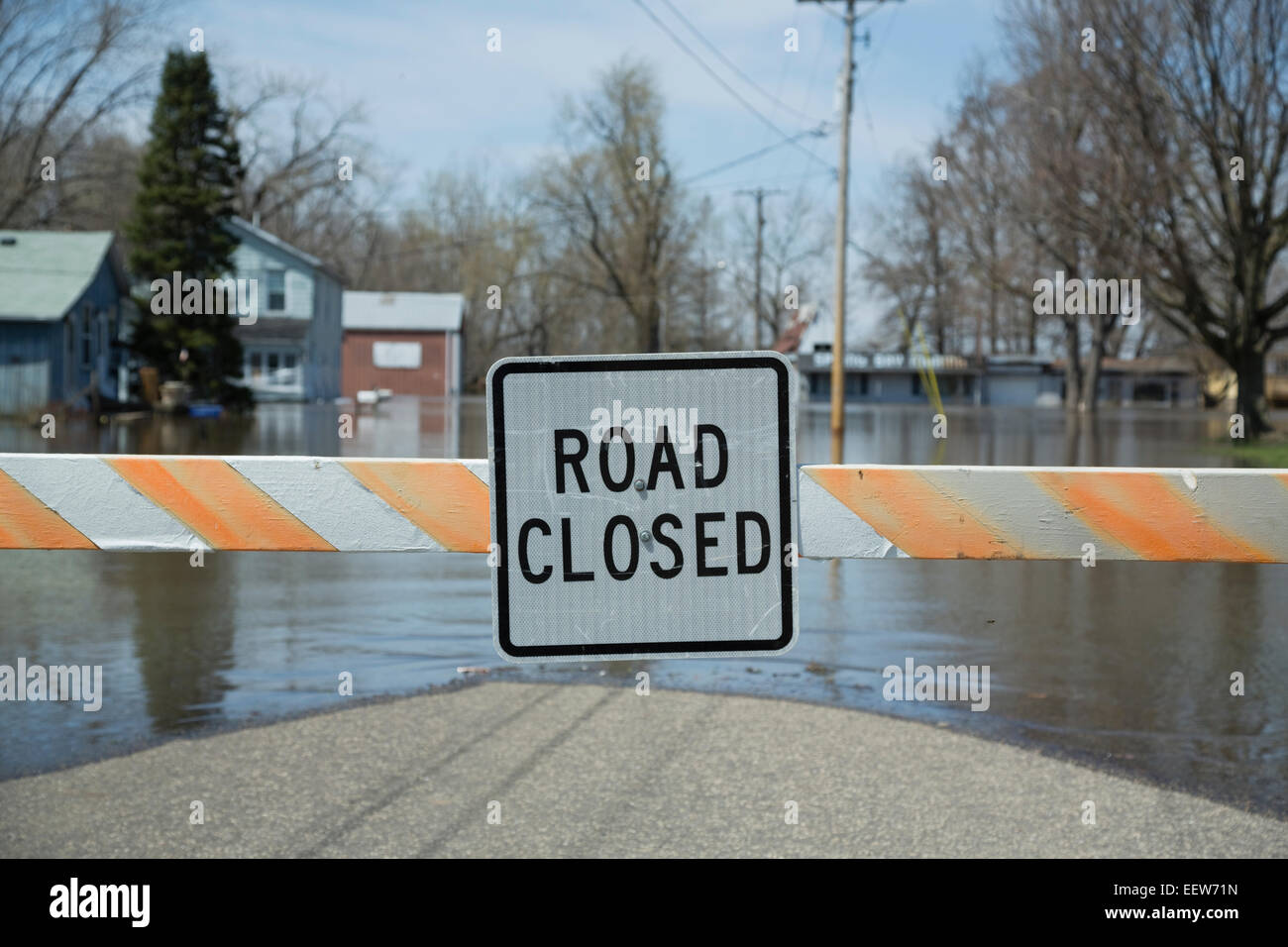 Close up of information sign at the end of flooded street Stock Photo