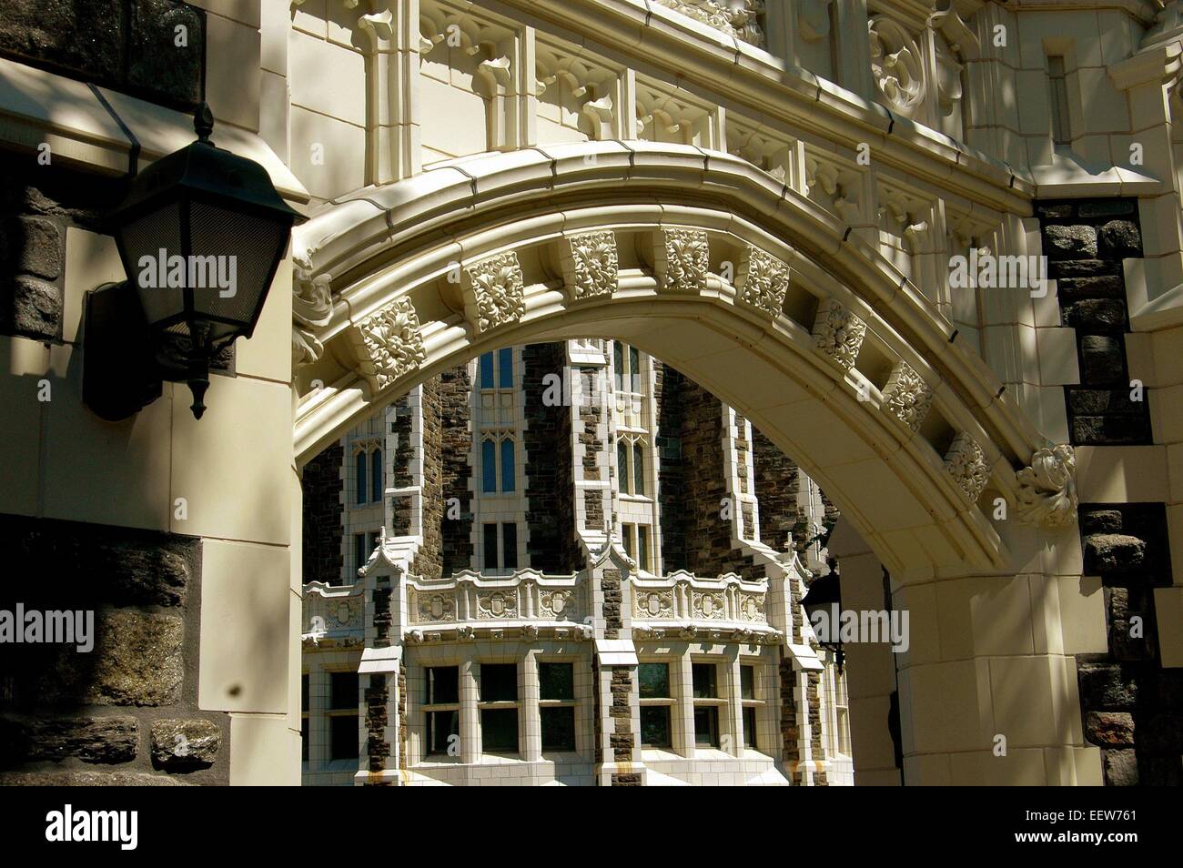 New York City: Gateway with carved neo-gothic designs and view to