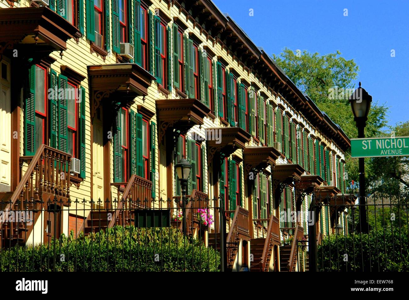 New York City Unique wooden row houses with stoops and covered doorways at historic Sylvan