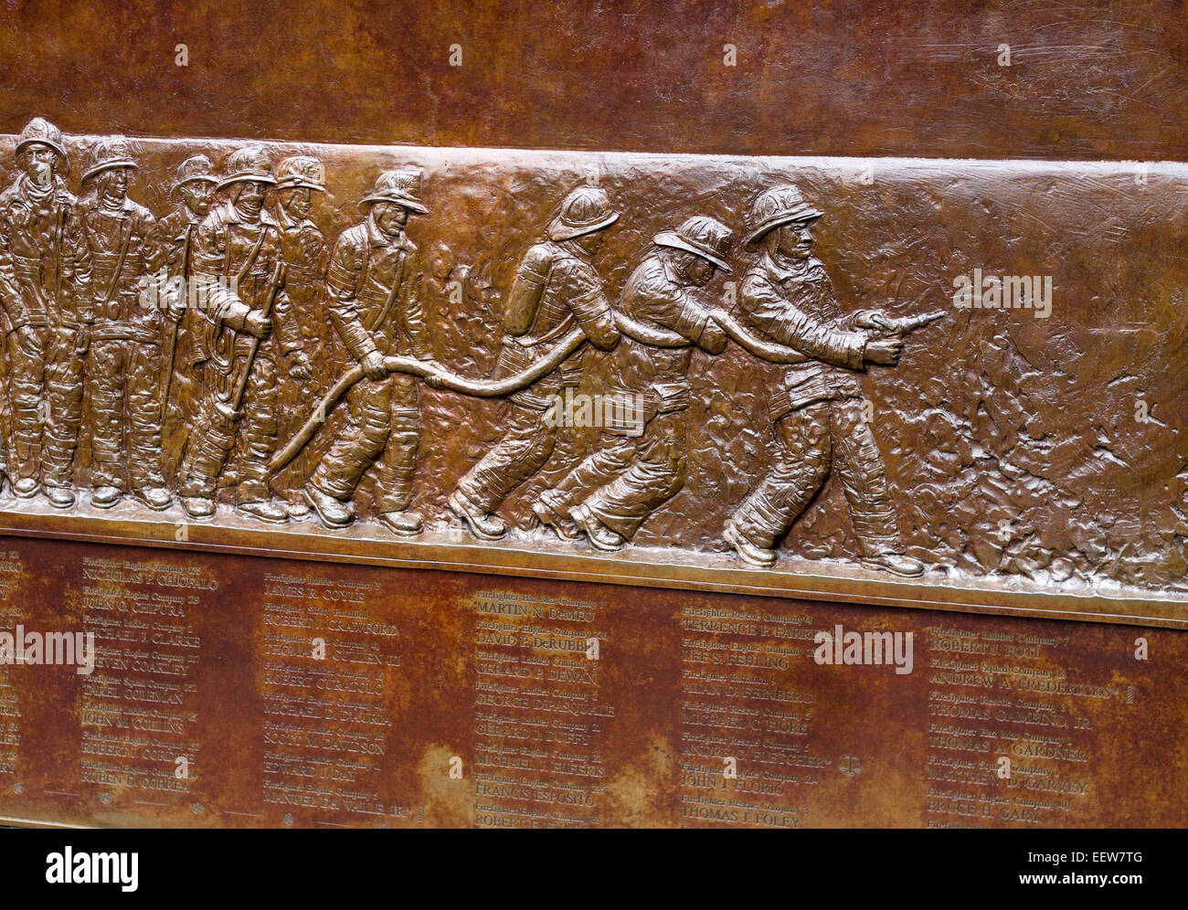 FDNY Memorial Wall detail. Detail from the bronze bas-relief sculpture which is a memorial bolted to the fire station No 10. Stock Photo