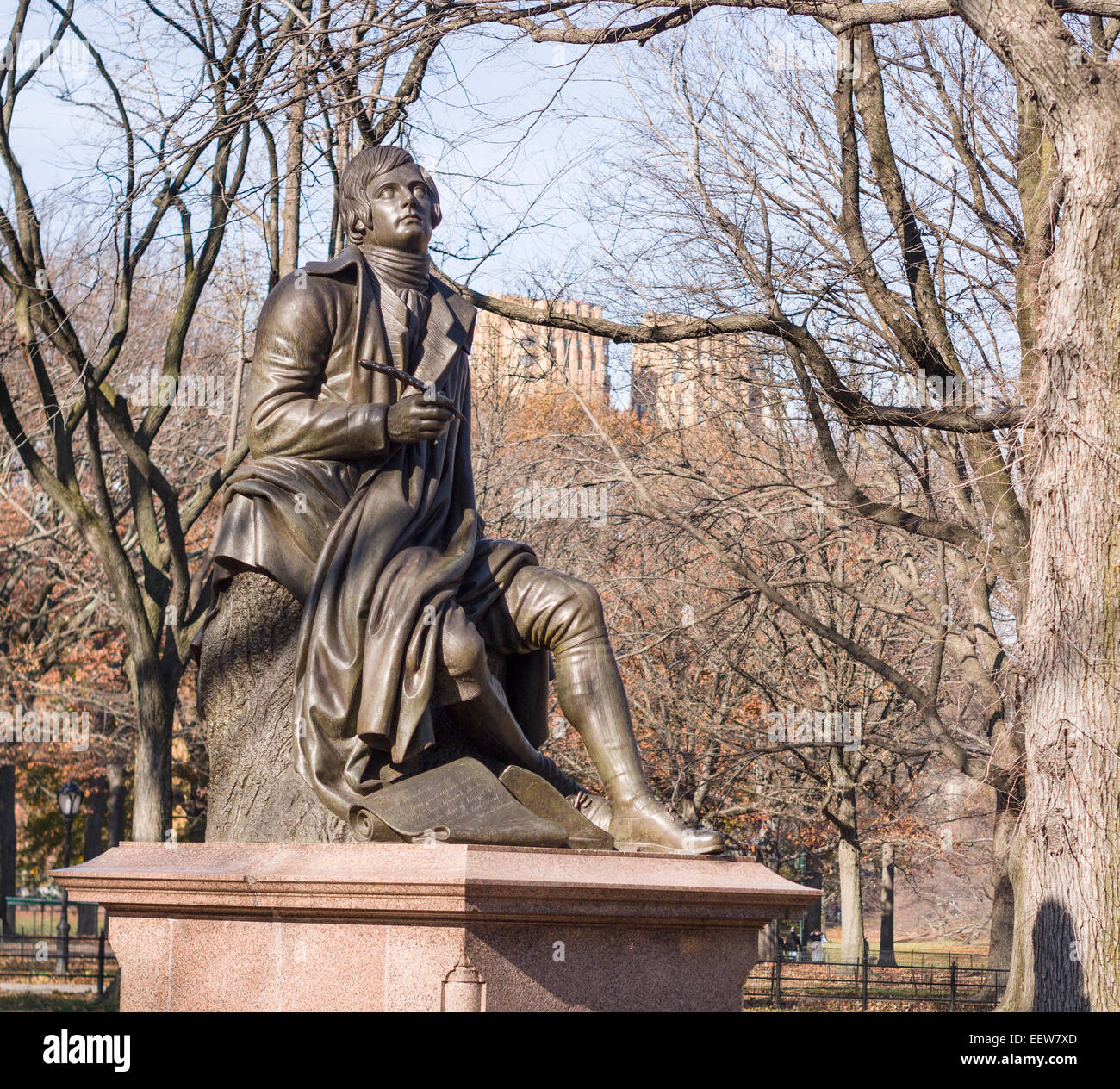 Statue of Robert Burns in Central Park. Bronze statues of famous