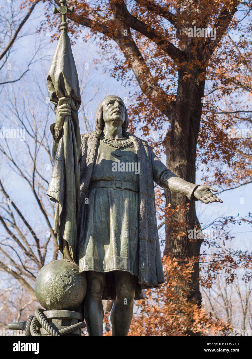 Statue of Columbus in Central Park. Bronze statues of famous historic