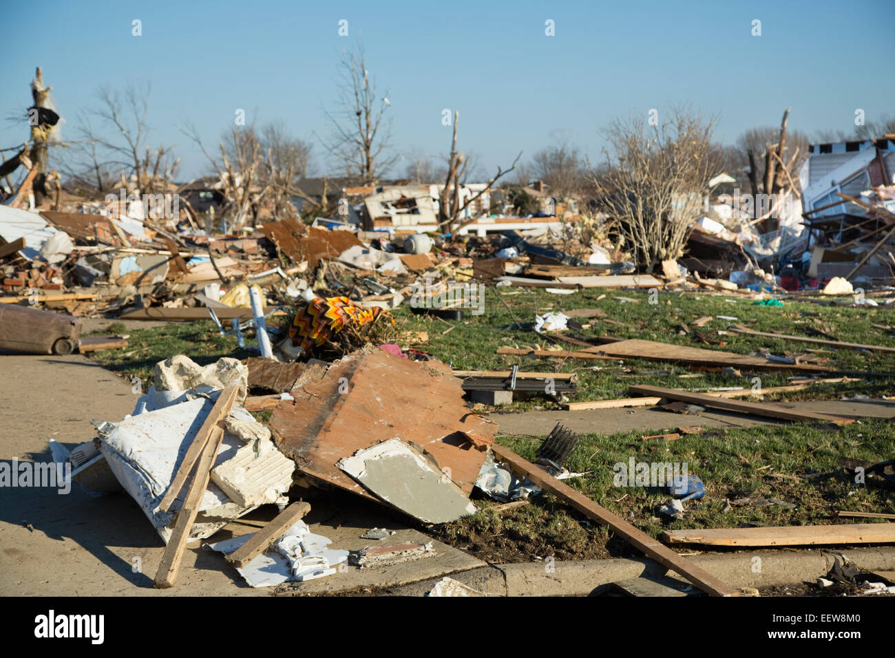 Rubble of town destroyed by tornado Stock Photo
