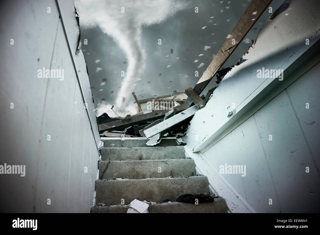 Demolished staircase of house during tornado Stock Photo Alamy