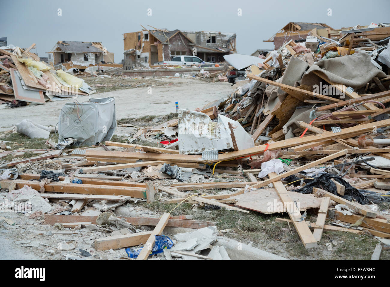 Rubble of town destroyed by tornado Stock Photo