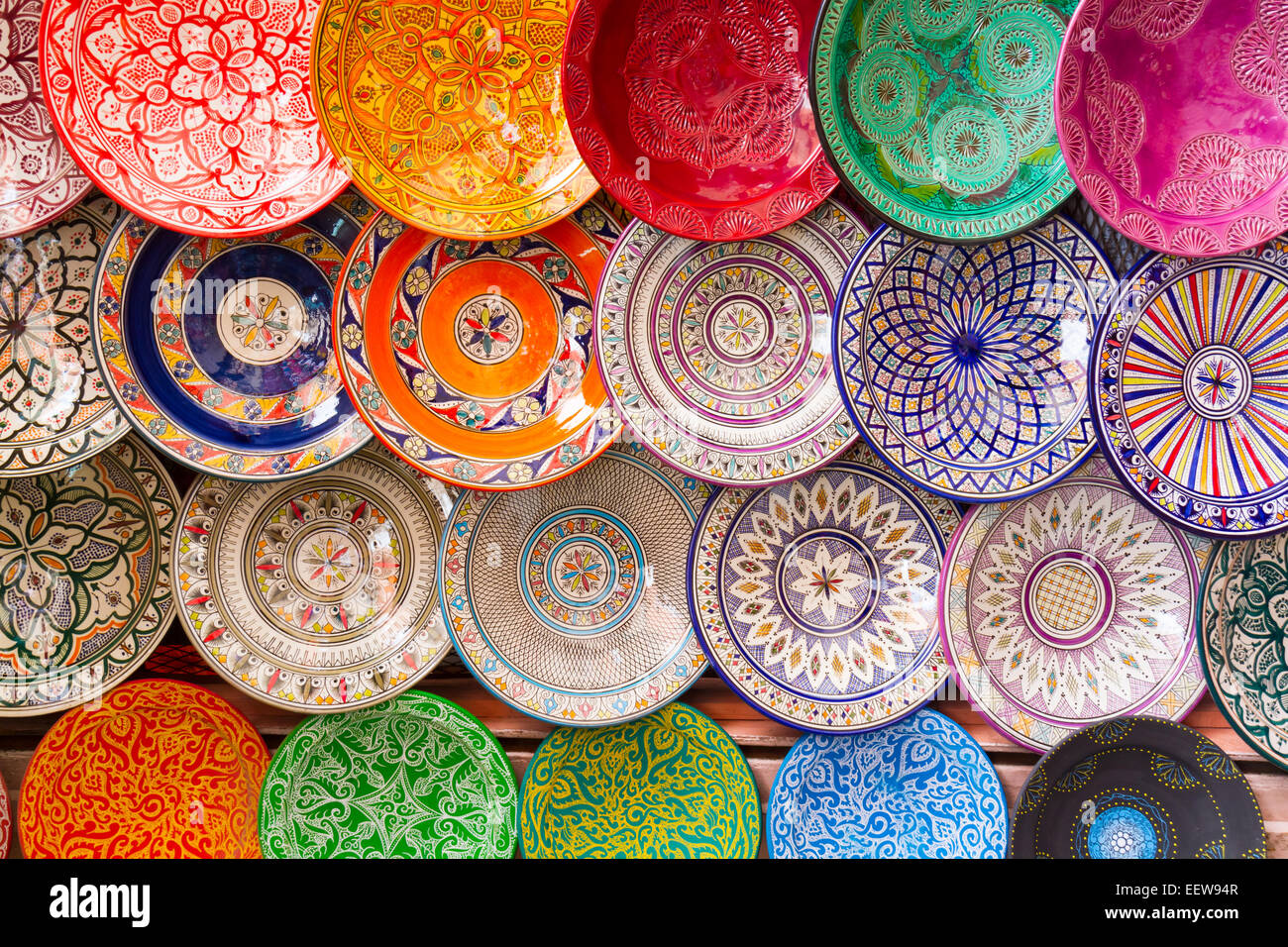 Traditional arabic colorful clay plates. Stock Photo
