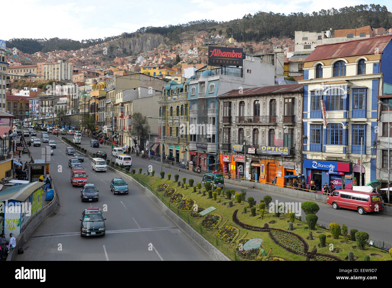 A view down the Avenue the 16th of July, the main thoroughfare the downtown La Paz, Bolivia. Stock Photo