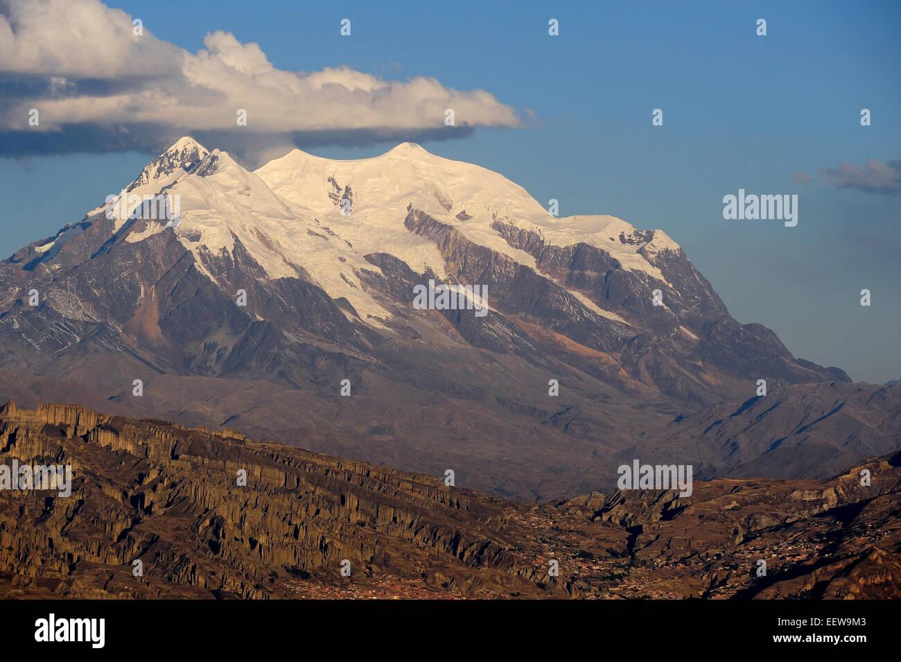 Bolivia's second highest mountain, Illimani Peak, rises to an elevation of 21,117 feet above sea level. (6438m) Stock Photo