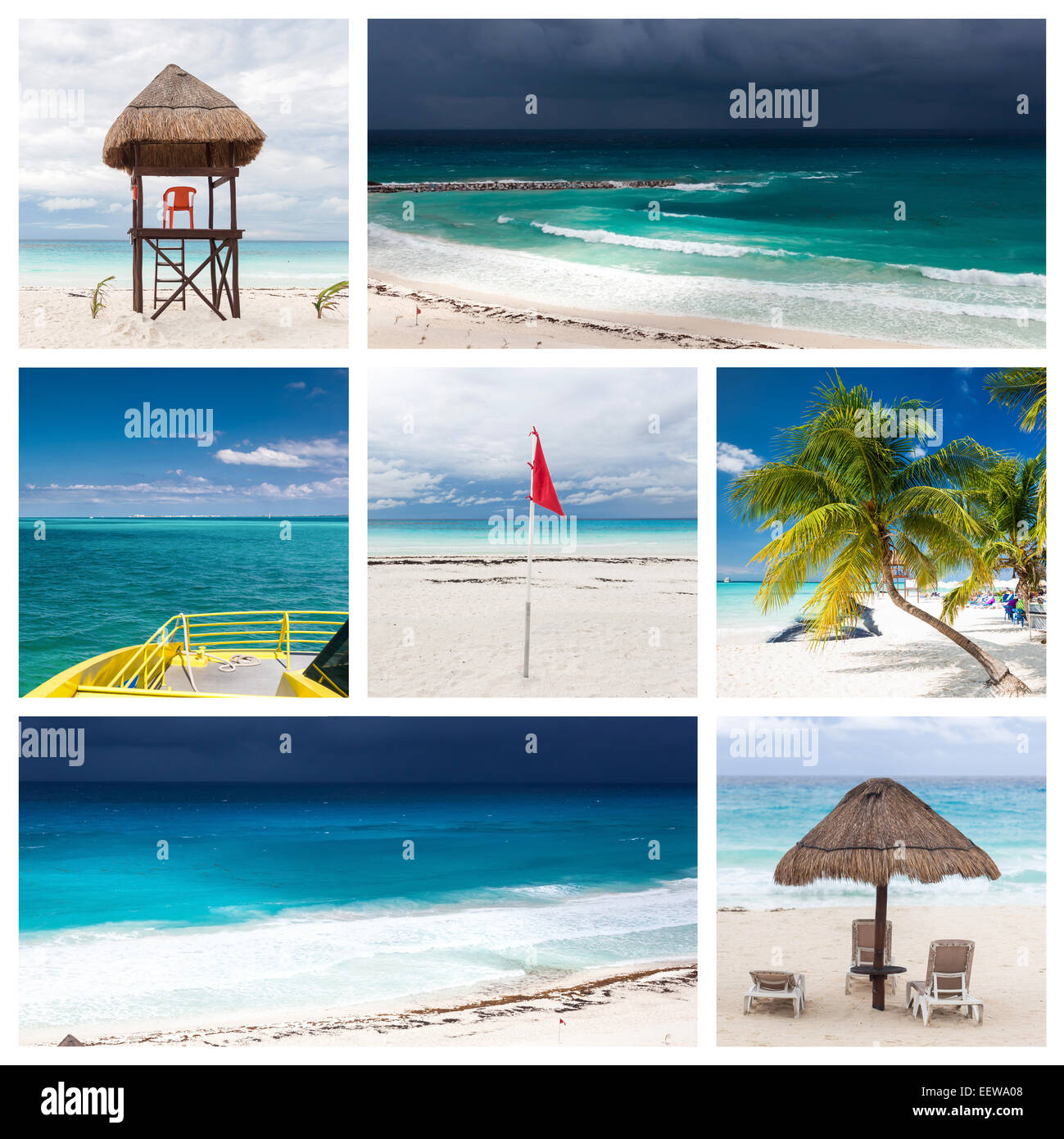 Collage with lifeguard in stormy weather at Cancun, Mexico Stock Photo