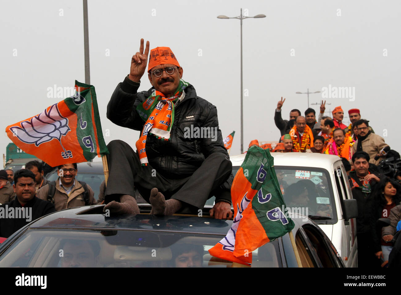 Bharatiya Janata Party (BJP) supporters cheer for BJP Candidate Kiran Bedi during a rally ahead of filing his nomination papers for the Delhi state elections . Delhi State Assembly Elections will happen on 7 February 2015 . © Deepak Malik/Pacific Press/Alamy Live News Stock Photo