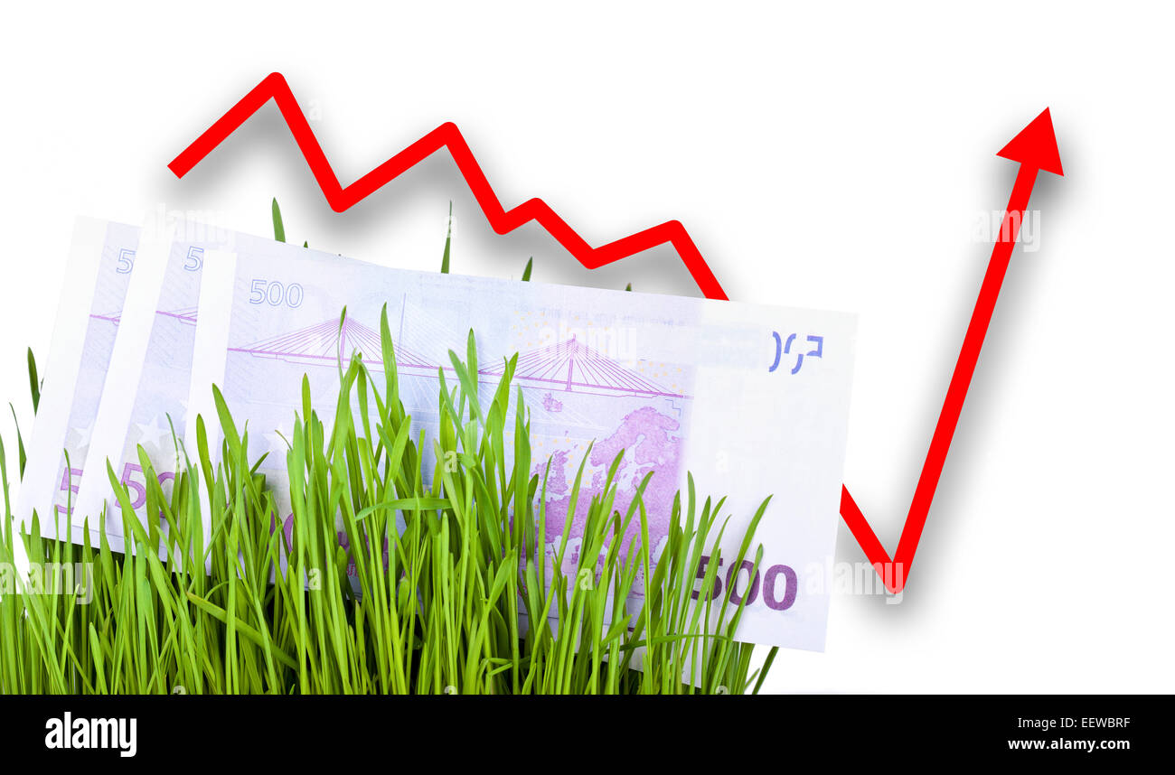 Growing Euro money cash in green grass, Arrow rising up Stock Photo