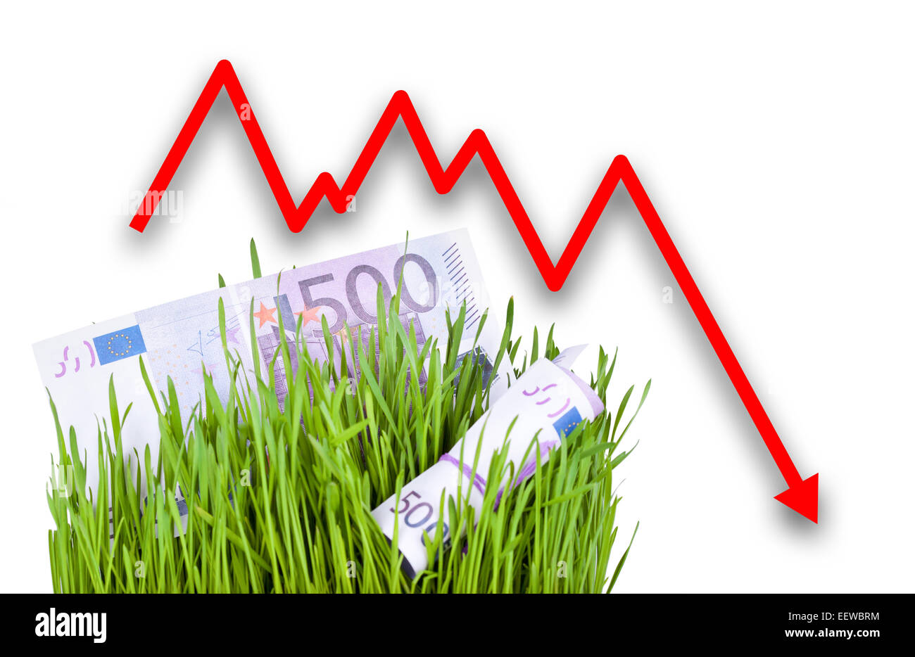 Growing Euro money cash in green grass. Arrow falling down Stock Photo