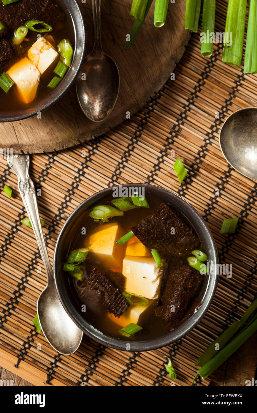 Hot Homemade Miso Soup with Tofu and Seaweed Stock Photo