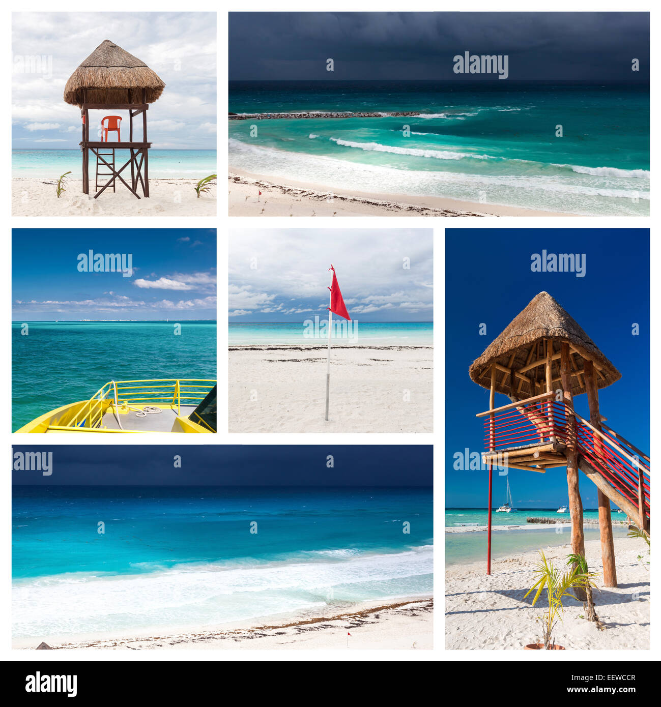 Collage with lifeguard in stormy weather at Cancun, Mexico Stock Photo