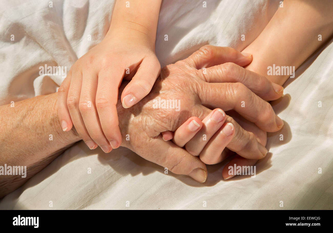 hands of grandmother and grandchild in the bed Stock Photo