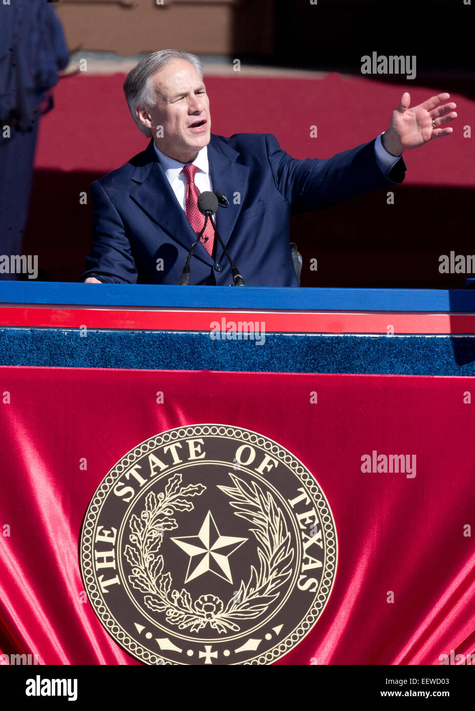 New Texas Governor Greg Abbott gestures during his inaugural speech at