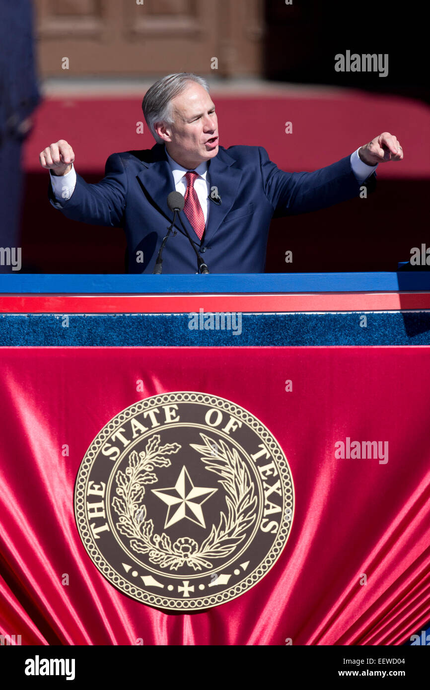 ANew Texas Governor Greg Abbott gestures during his inaugural speech at