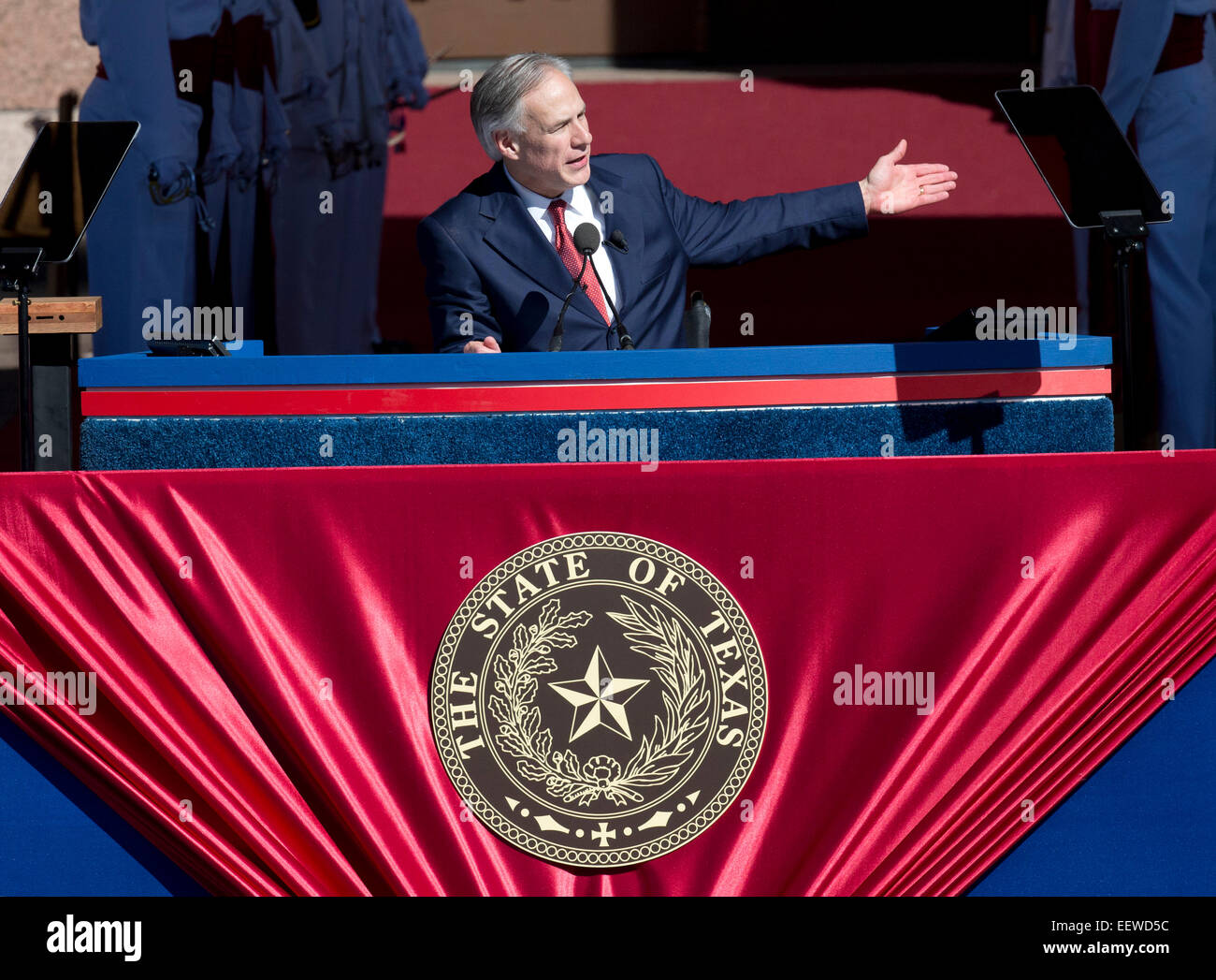 New Texas Governor Greg Abbott gestures during his inaugural speech at