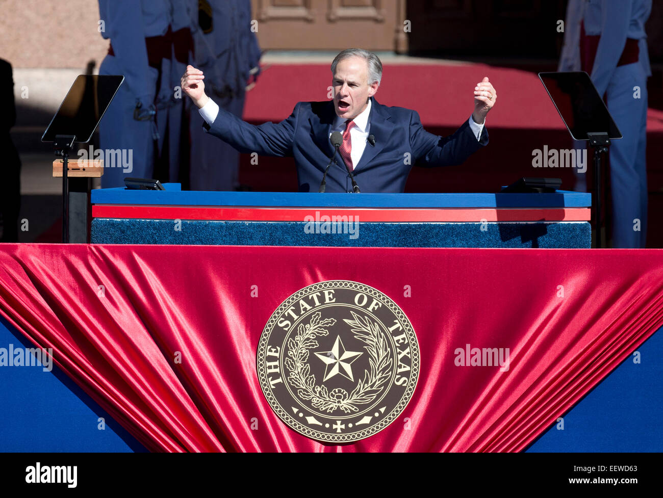 ANew Texas Governor Greg Abbott gestures during his inaugural speech at