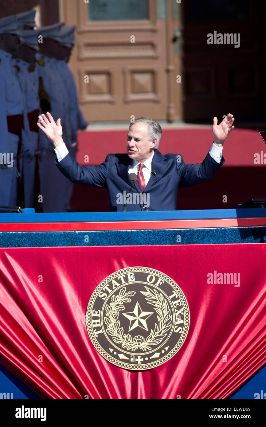 New Texas Governor Greg Abbott gestures during his inaugural speech at ...