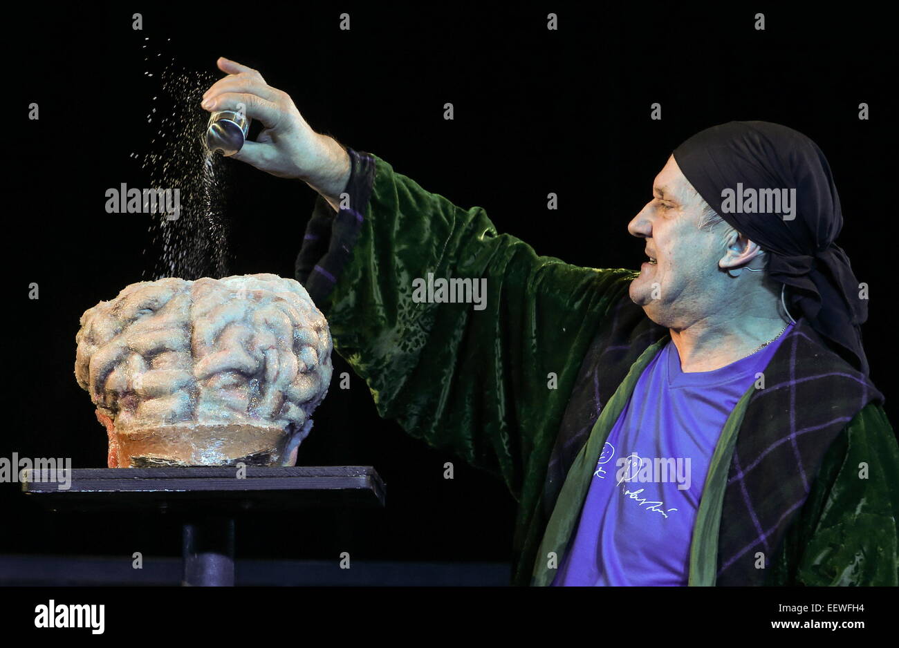 Moscow, Russia. 21st Jan, 2015. Actor Nikolai Glebov as Martin in a scene from Candide, or Optimism musical staged by Mark Rozovsky at U Nikitskikh Vorot Theatre. The performance is based on Voltaire's novella of the same name. © Vyacheslav Prokofyev/TASS/Alamy Live News Stock Photo