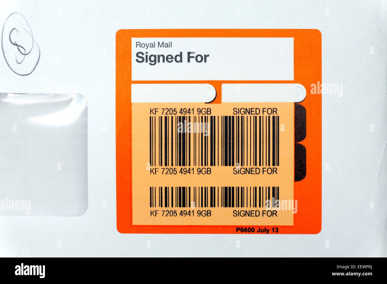 Royal mail signed for label on a posted envelope Stock Photo - Alamy