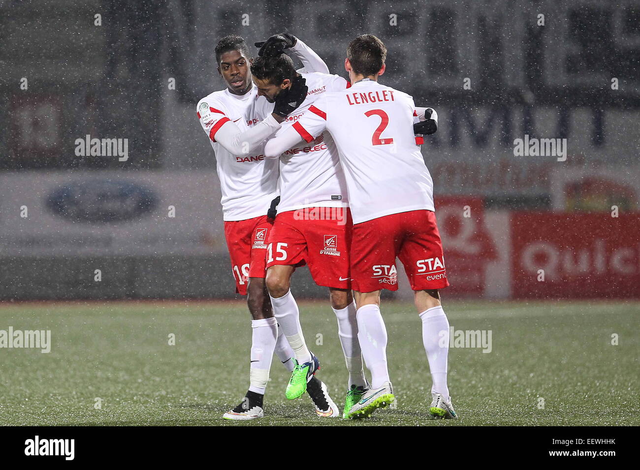 Joie Nancy - Mana DEMBELE / Youssouf HADJI / Clement LENGLET - 19.01.2015 - Nancy / Orleans - 20e journee Ligue 2.Photo : Fred Marvaux / Icon Sport Stock Photo