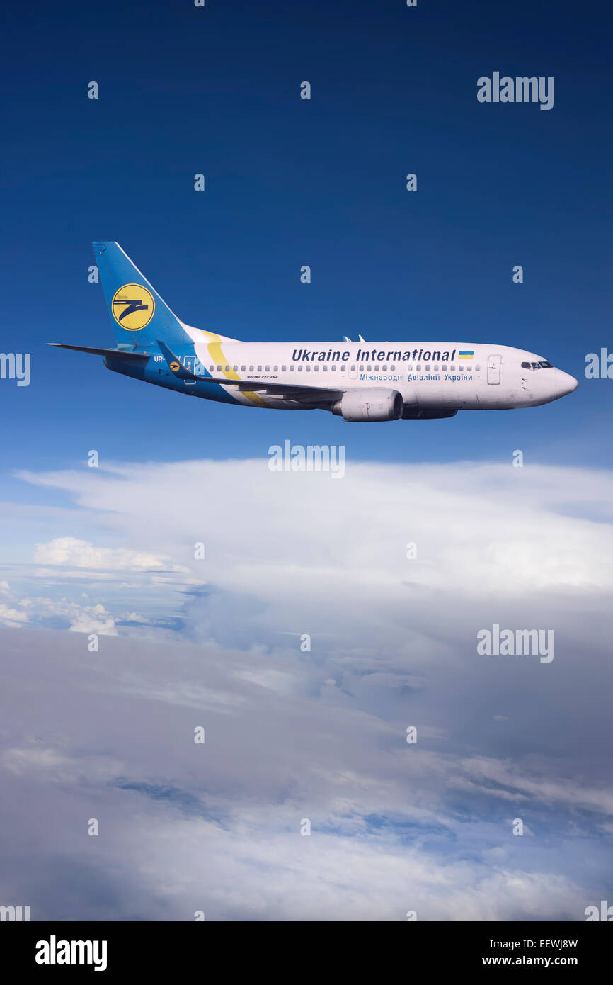 Ukraine International Airlines, Boeing 737-500 in flight Stock Photo