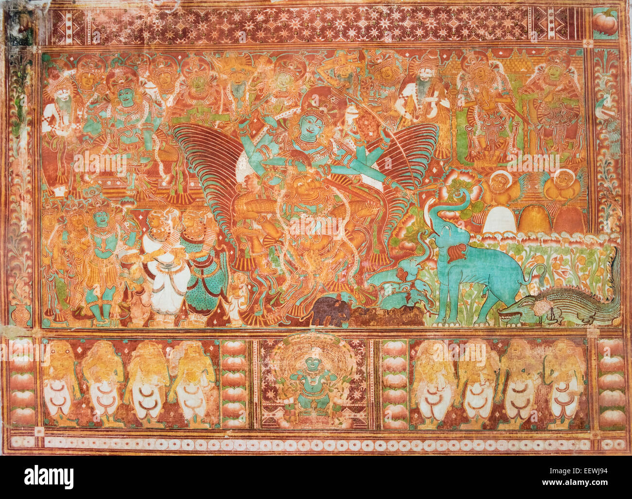 Ancient mural, Gajendra Moksham depicting the redemption of the elephant god Gajendra, the largest of its kind in Kerala Stock Photo