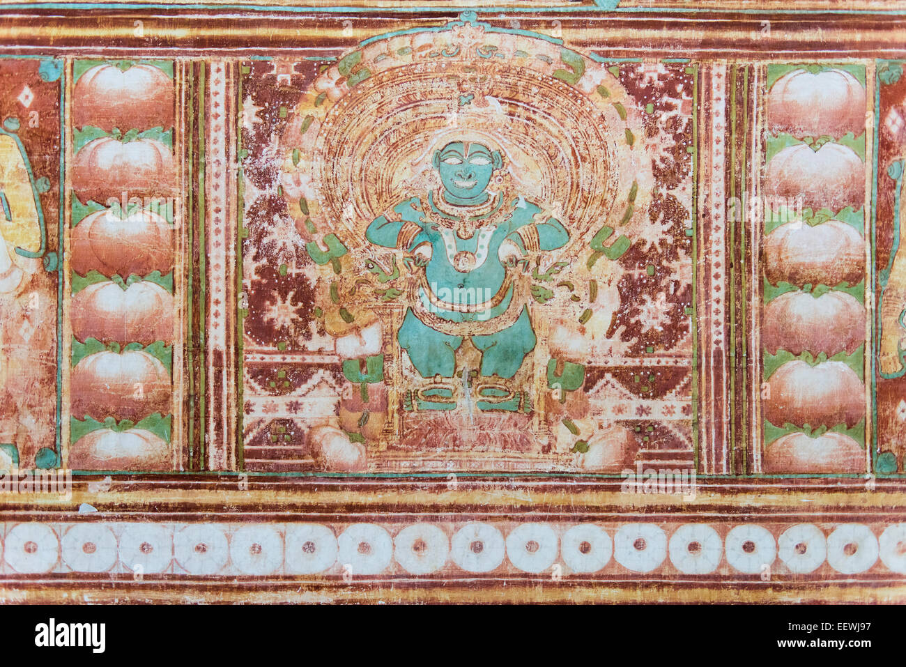Ancient mural, Gajendra Moksham depicting the redemption of the elephant god Gajendra, the largest of its kind in Kerala Stock Photo