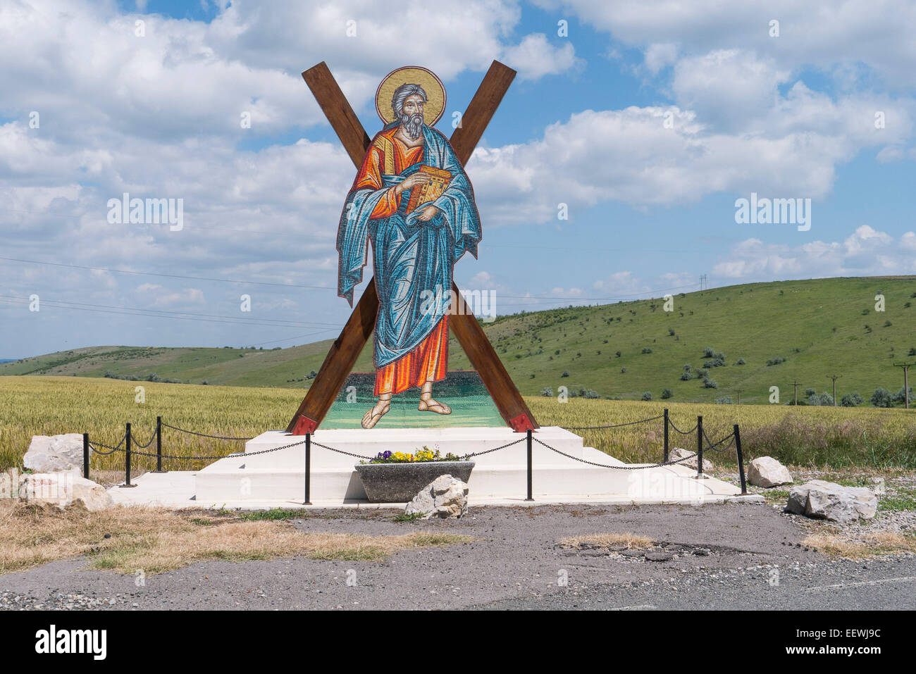 Image of a saint, signpost to the Saon Monastery, Manastirea Saon, Dobrogea, Romania Stock Photo