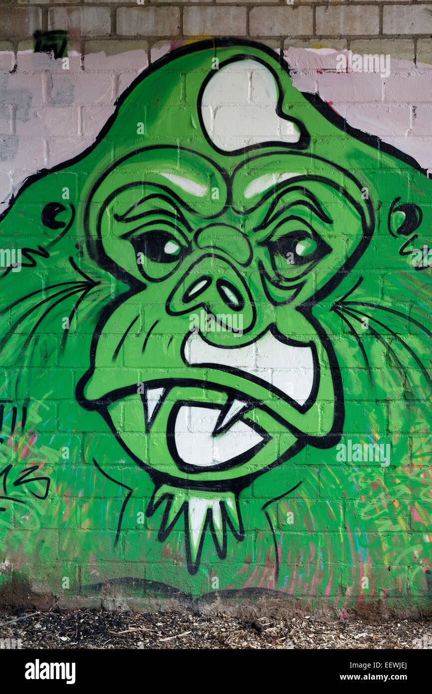 Green Orangutan, head, mural, street art, Düsseldorf, North Rhine-Westphalia, Germany Stock Photo