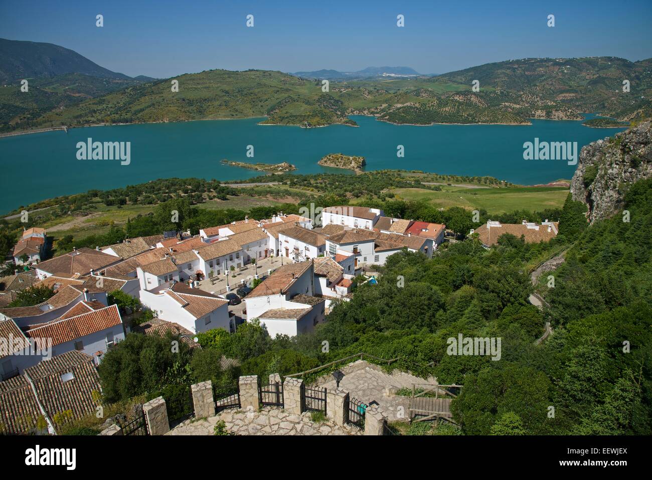 Townscape and Zahara-El Gastor Reservoir, Zahara de la Sierra, White ...