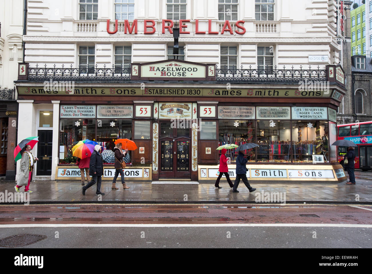 James Smith and Sons, New Oxford Street-Victorian shop front selling Umbrellas and Ladies and Gentlemens canes and sticks Stock Photo