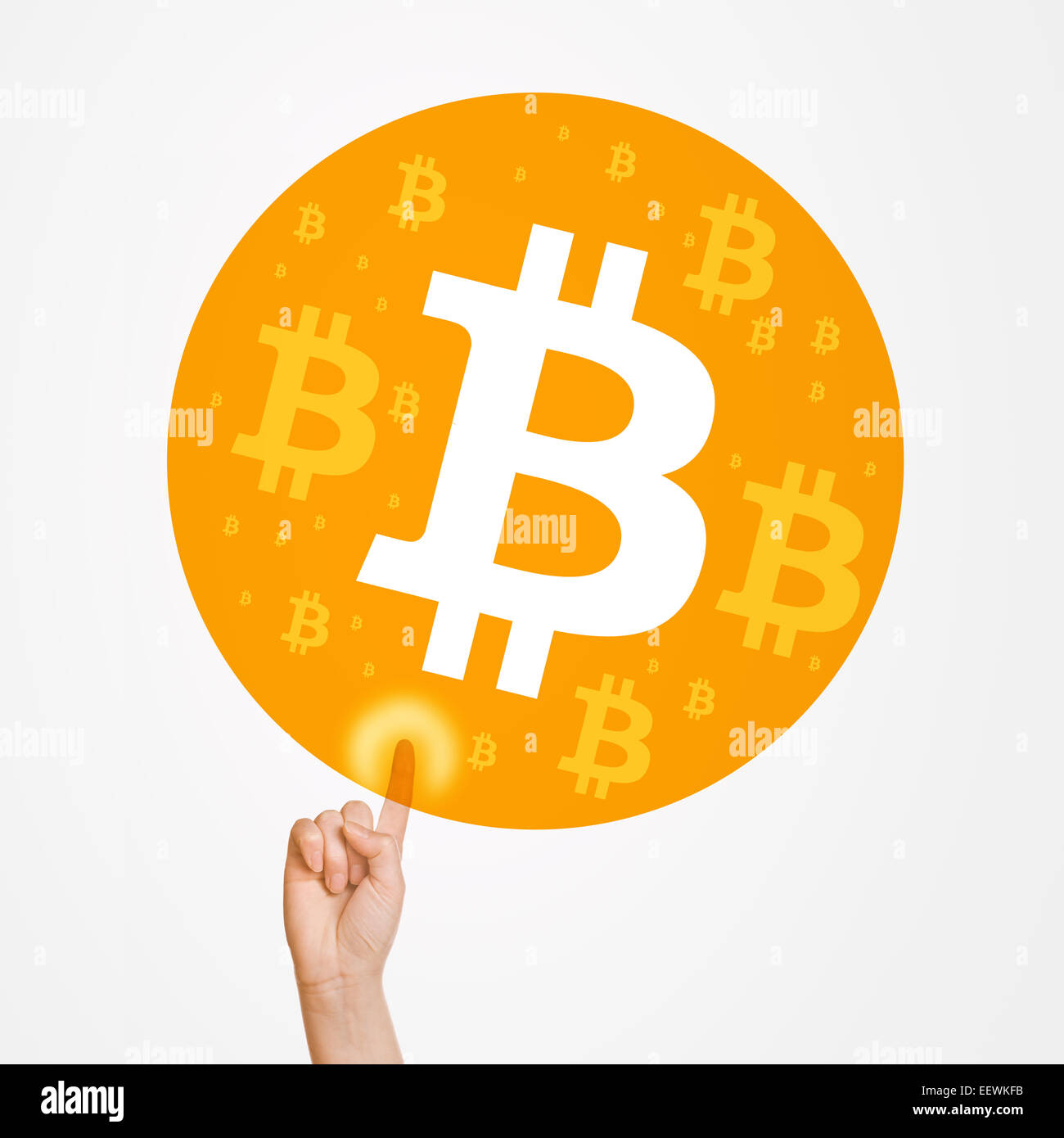 Choosing bitcoins as currency for purchase payment, woman pressing touch screen button. Stock Photo